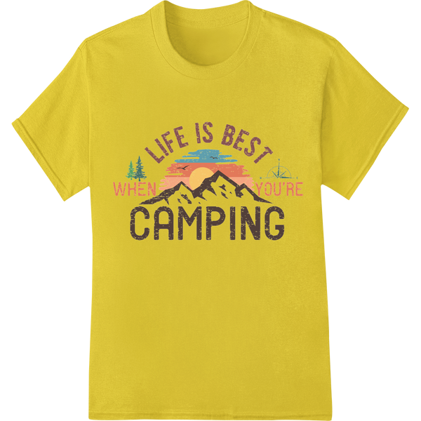 Life is Best When Camping: Outdoor Adventure DTF Print on yellow shirt - SUPERDTF-DTF Prints-DTF Transfers-Custom DTF Prints