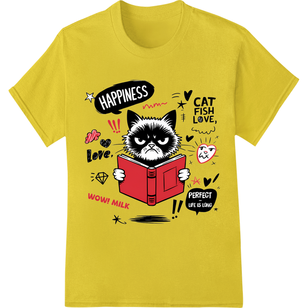 Sarcastic Cat Reads HAPPINESS Book | Funny Animal DTF Print on yellow shirt - SUPERDTF-DTF Prints-DTF Transfers-Custom DTF Prints