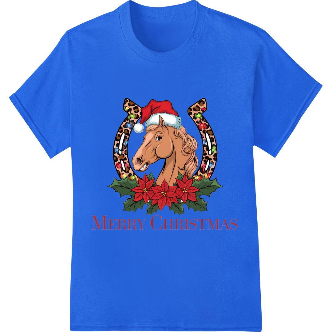 Festive Christmas Horse in Santa Hat - Holiday Farm Print on blue shirt - SUPERDTF-DTF Prints-DTF Transfers-Custom DTF Prints