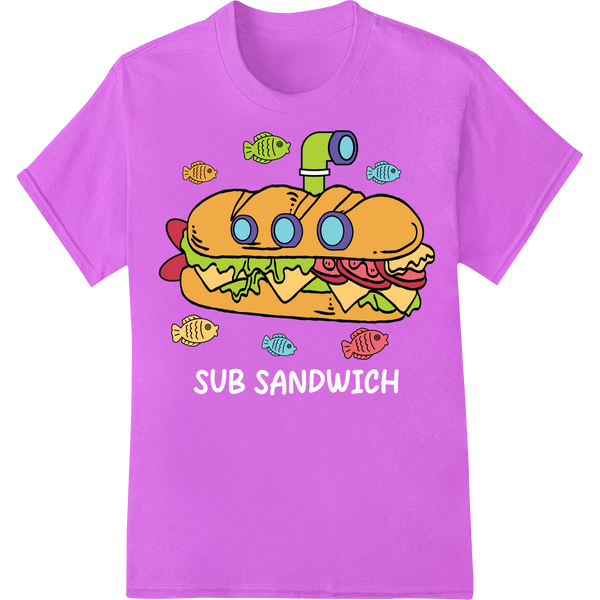 Quirky Cartoon Submarine Sandwich - Playful Underwater Fun on purple shirt - SUPERDTF-DTF Prints-DTF Transfers-Custom DTF Prints