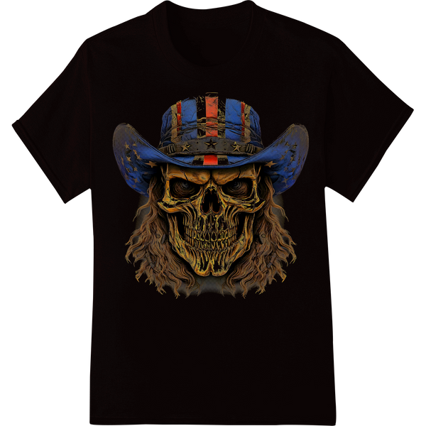 Patriotic Skull Cowboy - Edgy American Flag DTF Print on black shirt - SUPERDTF-DTF Prints-DTF Transfers-Custom DTF Prints