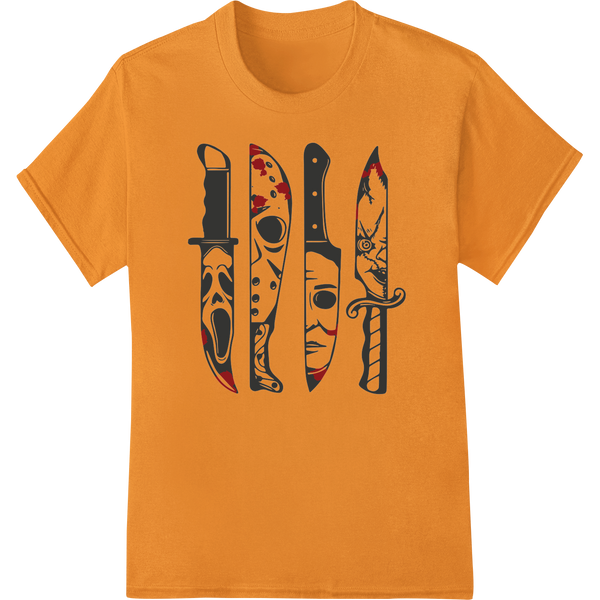 Graphic design featuring knives and Halloween imagery like pumpkins and bats in orange and black colors - perfect for DTF...