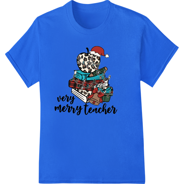 Very Merry Teacher: Festive Books DTF Print Heat Transfer on blue shirt - SUPERDTF-DTF Prints-DTF Transfers-Custom DTF Prints