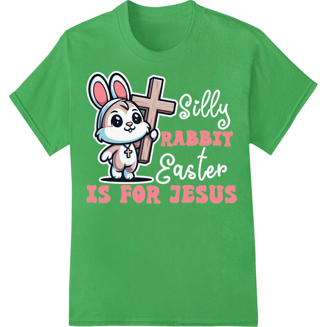 Adorable Easter Bunny: Funny Christian Design for DTF on green shirt - SUPERDTF-DTF Prints-DTF Transfers-Custom DTF Prints