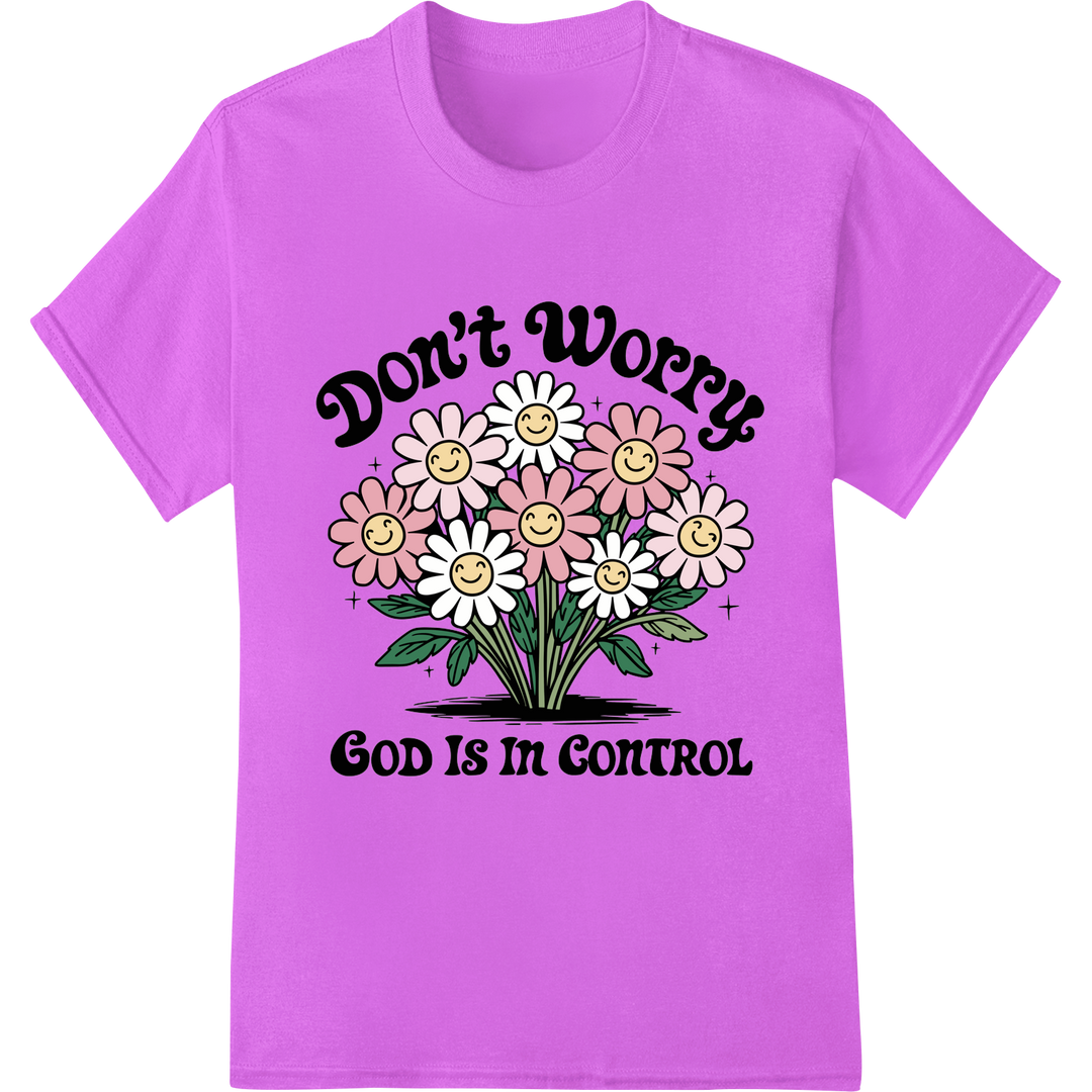 Vibrant 'Don't Worry, God Is In Control' DTF Heat Transfer on purple shirt - SUPERDTF-DTF Prints-DTF Transfers-Custom DTF Prints