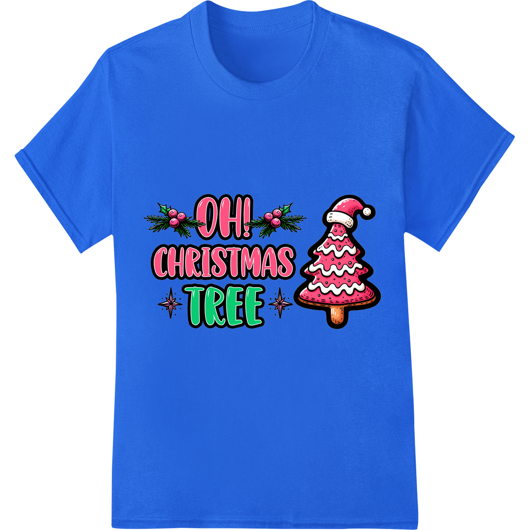 Festive 'Oh! Christmas Tree' DTF Print Heat Transfer on blue shirt - SUPERDTF-DTF Prints-DTF Transfers-Custom DTF Prints