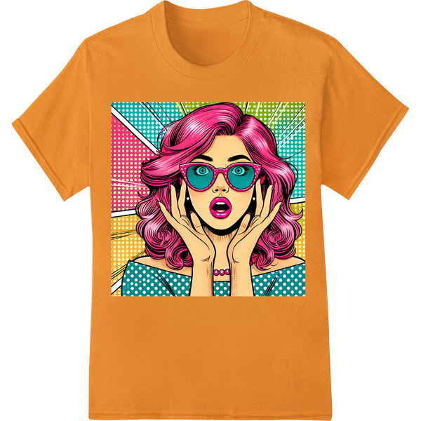 Retro Pop Art Surprised Woman DTF Heat Transfer Print on orange shirt - SUPERDTF-DTF Prints-DTF Transfers-Custom DTF Prints