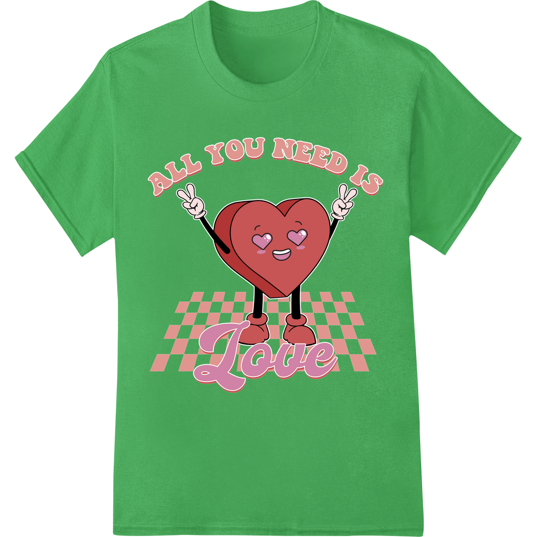 Adorable 'All You Need Is Love' Heart DTF Print Heat Transfer on green shirt - SUPERDTF-DTF Prints-DTF Transfers-Custom DTF Prints