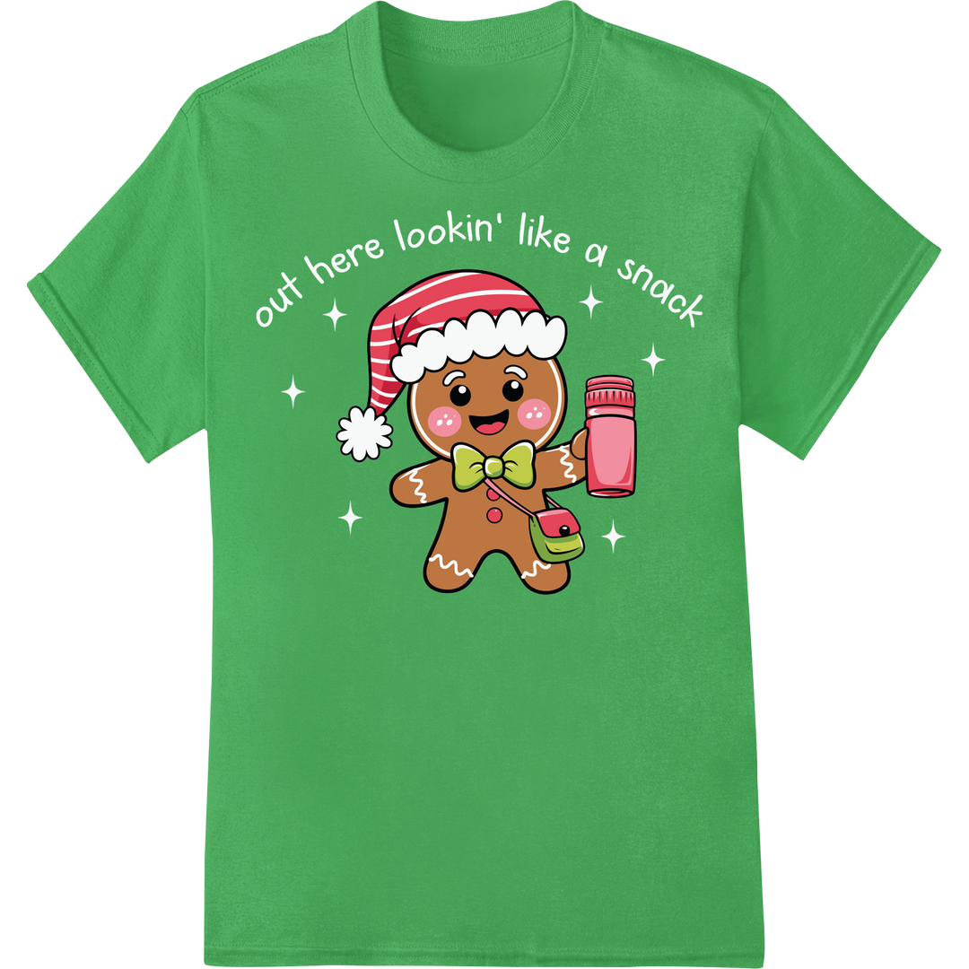 Adorable Gingerbread Man DTF Print for Christmas Baking Fun on green shirt - SUPERDTF-DTF Prints-DTF Transfers-Custom DTF Prints