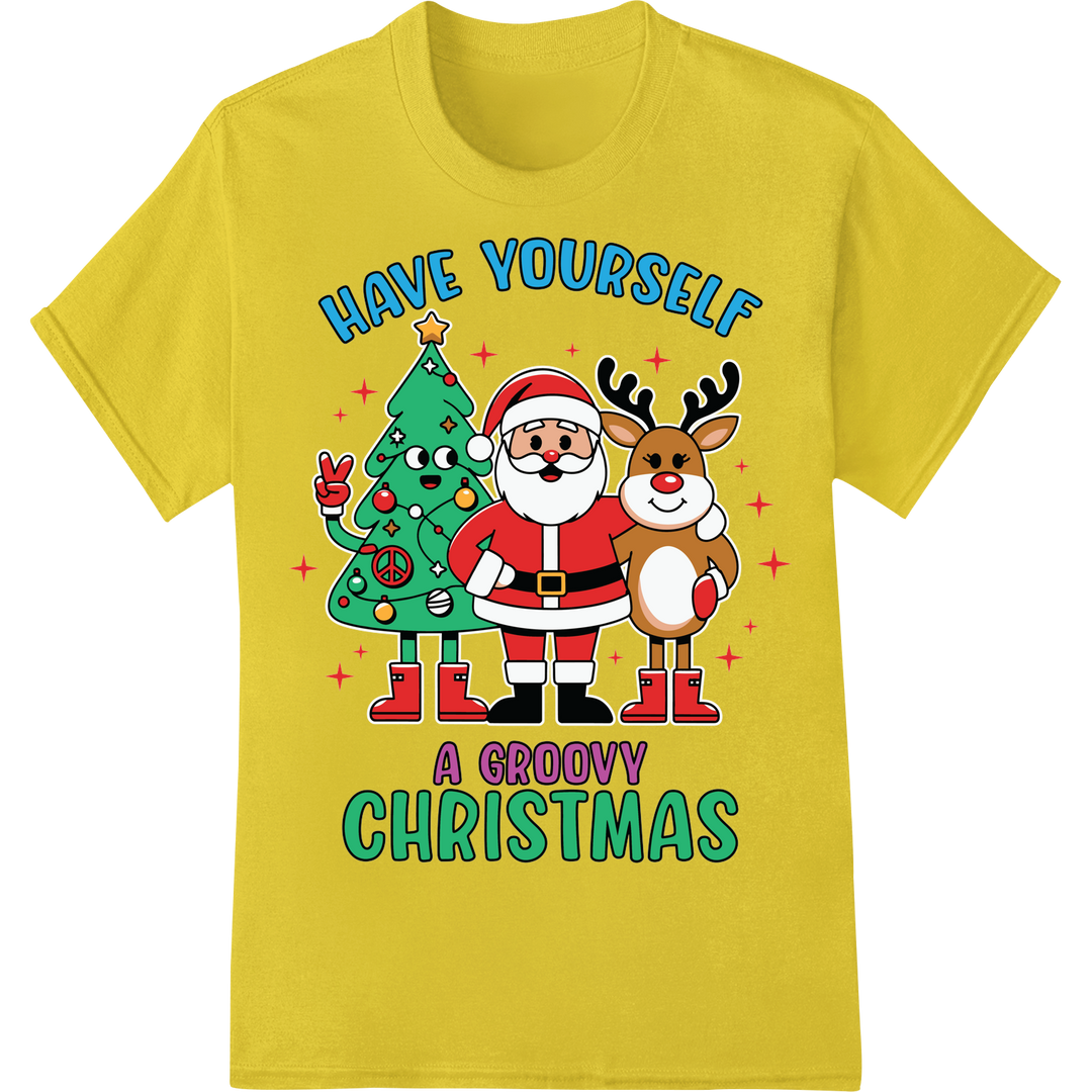 Retro Christmas Trio: Santa, Reindeer & Tree Groovy DTF Print on yellow shirt - SUPERDTF-DTF Prints-DTF Transfers-Custom DTF Prints