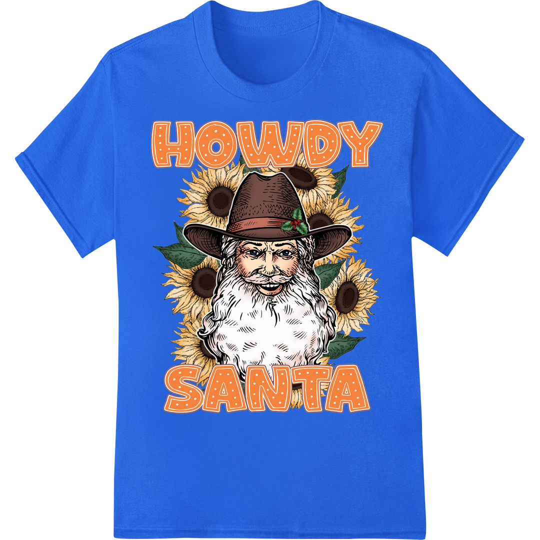 Lasso Some Holiday Cheer with This Howdy Santa DTF Print on blue shirt - SUPERDTF-DTF Prints-DTF Transfers-Custom DTF Prints