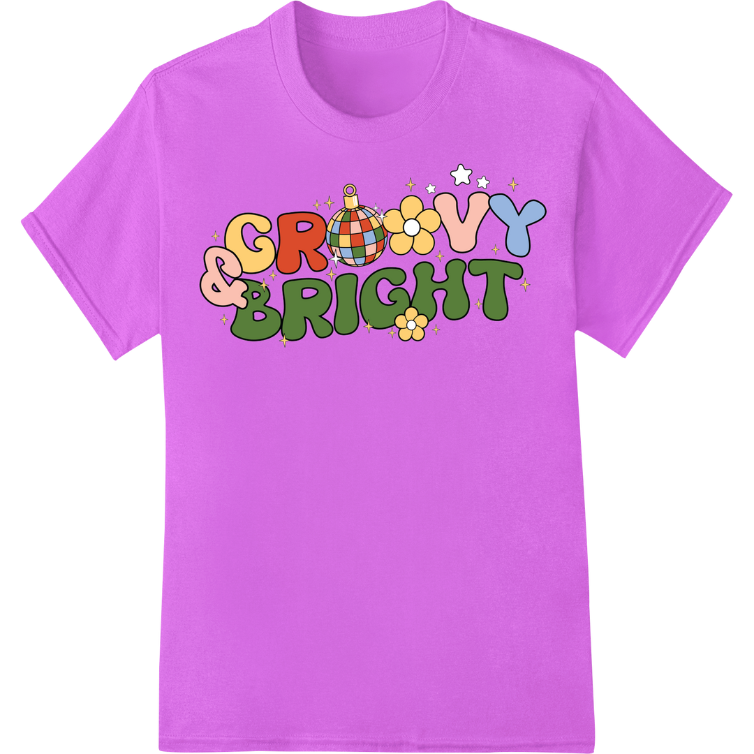 Groovy Bright 70s Christmas DTF Print Heat Transfer Graphic on purple shirt - SUPERDTF-DTF Prints-DTF Transfers-Custom DTF Prints