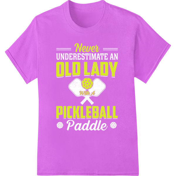 Witty 'Never OLD LADY With A PICKLEBALL' DTF Print Transfer on purple shirt - SUPERDTF-DTF Prints-DTF Transfers-Custom DTF Prints