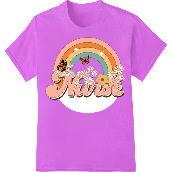 Vibrant Rainbow 'Nurse' Design with Butterflies & Flowers on purple shirt - SUPERDTF-DTF Prints-DTF Transfers-Custom DTF Prints