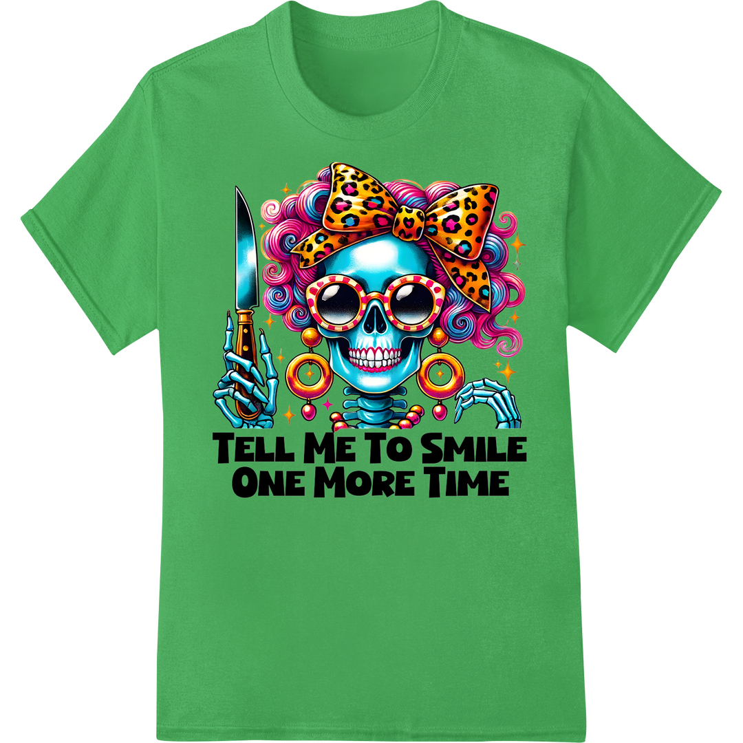 Vibrant Sugar Skull DTF Print: Edgy Day of the Dead Style on green shirt - SUPERDTF-DTF Prints-DTF Transfers-Custom DTF Prints