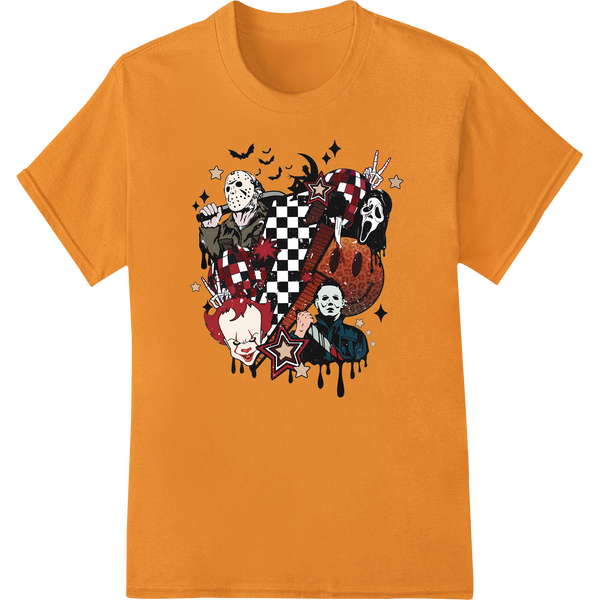 Horrifying Halloween Heat Transfer: Iconic Villains Collage on orange shirt - SUPERDTF-DTF Prints-DTF Transfers-Custom DTF Prints