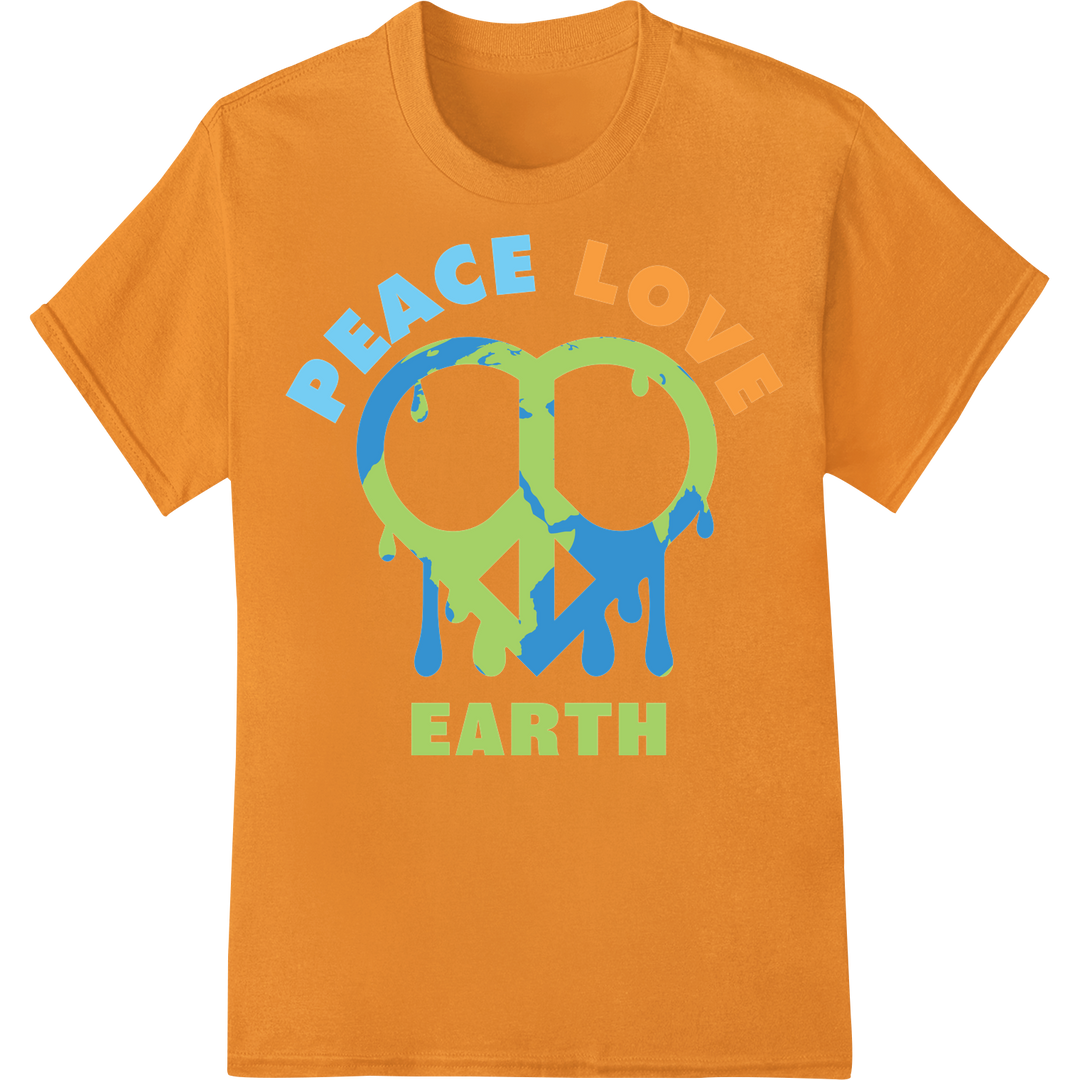 Vibrant 'Peace Love Earth' Print: Eco-Activism Heat Transfer on orange shirt - SUPERDTF-DTF Prints-DTF Transfers-Custom DTF Prints