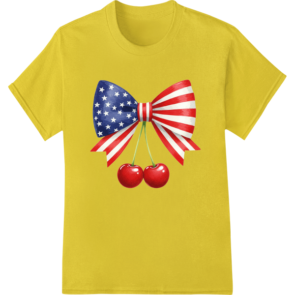 Patriotic Bow & Cherries: 4th of July DTF Print Transfer on yellow shirt - SUPERDTF-DTF Prints-DTF Transfers-Custom DTF Prints