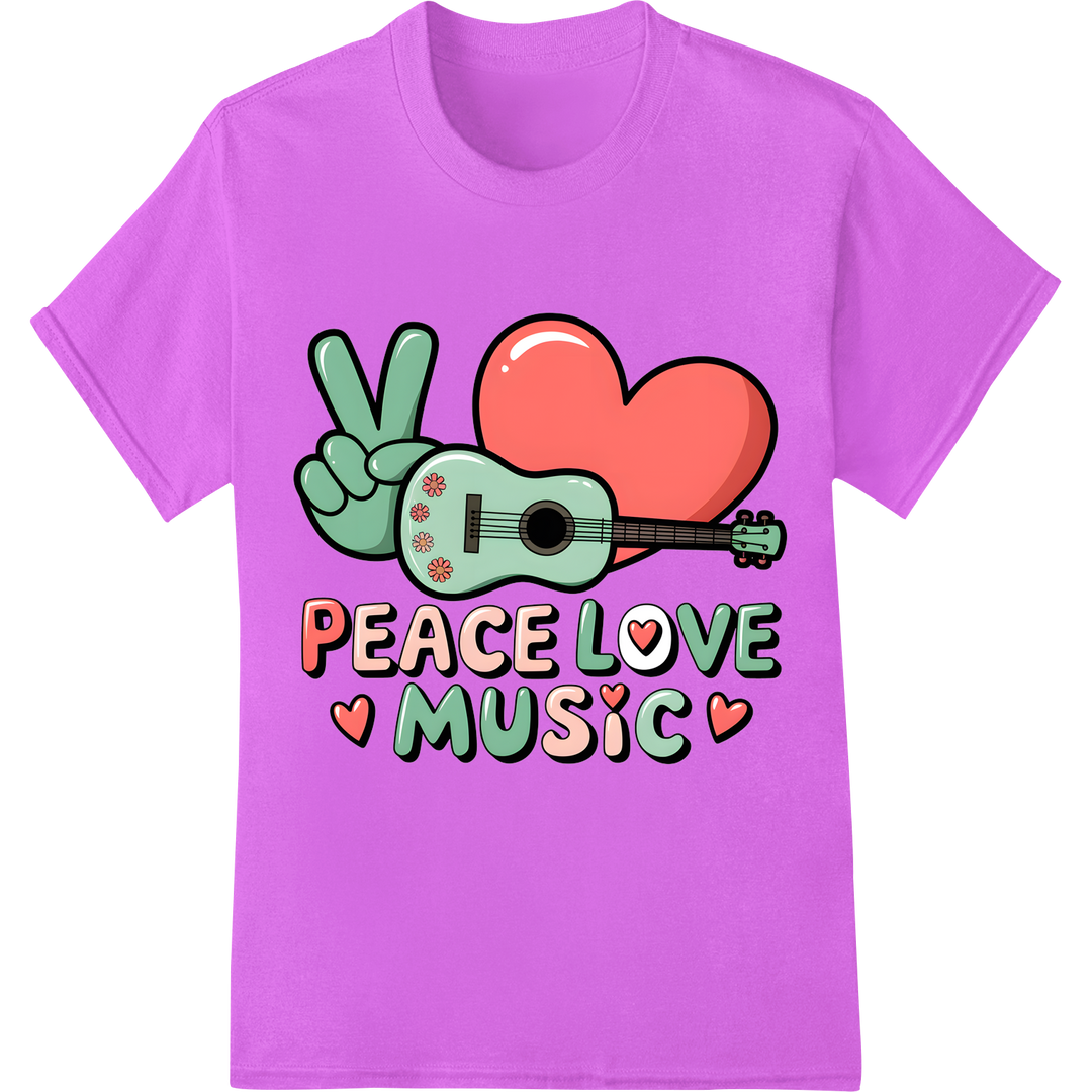 Groovy Guitar: Peace, Love & Music DTF Heat Transfer on purple shirt - SUPERDTF-DTF Prints-DTF Transfers-Custom DTF Prints