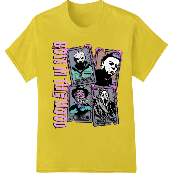 Iconic Horror Trio: The Puppet, The Dreamer, Ghost Face on yellow shirt - SUPERDTF-DTF Prints-DTF Transfers-Custom DTF Prints