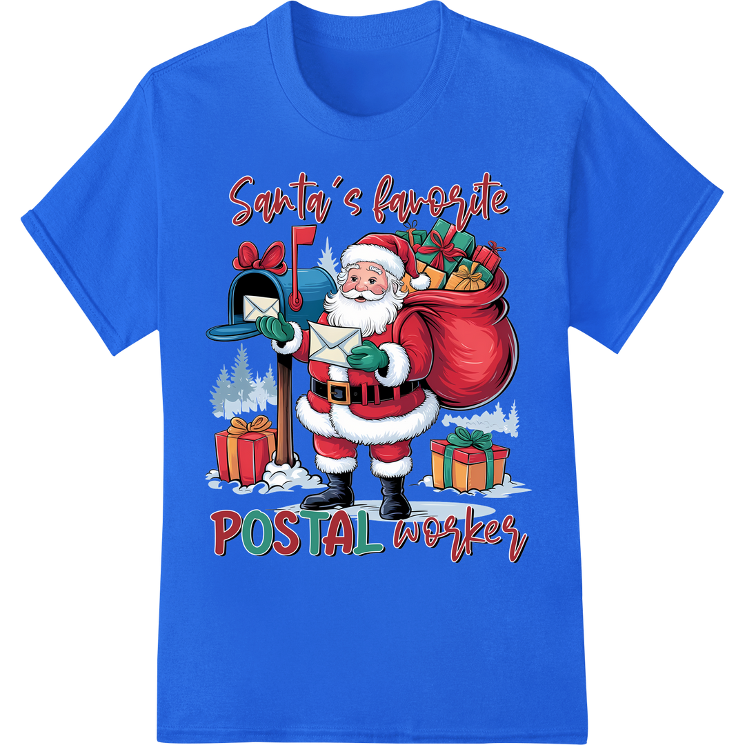 Jolly Santa Mailman: Festive Christmas DTF Print Design on blue shirt - SUPERDTF-DTF Prints-DTF Transfers-Custom DTF Prints