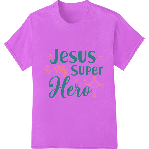 Jesus Is My Super Hero: Inspiring Easter DTF Print Transfer on purple shirt - SUPERDTF-DTF Prints-DTF Transfers-Custom DTF Prints