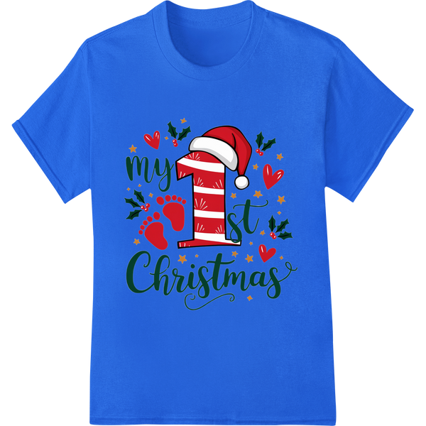 Adorable 'My 1st Christmas' DTF Print | Personalized Baby Gifts on blue shirt - SUPERDTF-DTF Prints-DTF Transfers-Custom DTF Prints