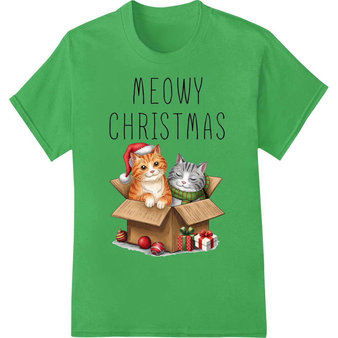 Adorable 'Meowy Christmas' Cat Pun Holiday DTF Print on green shirt - SUPERDTF-DTF Prints-DTF Transfers-Custom DTF Prints