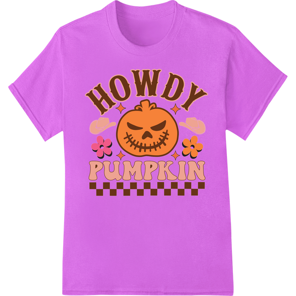 Adorable 'Howdy Pumpkin' Halloween Design for DTF Prints on purple shirt - SUPERDTF-DTF Prints-DTF Transfers-Custom DTF Prints