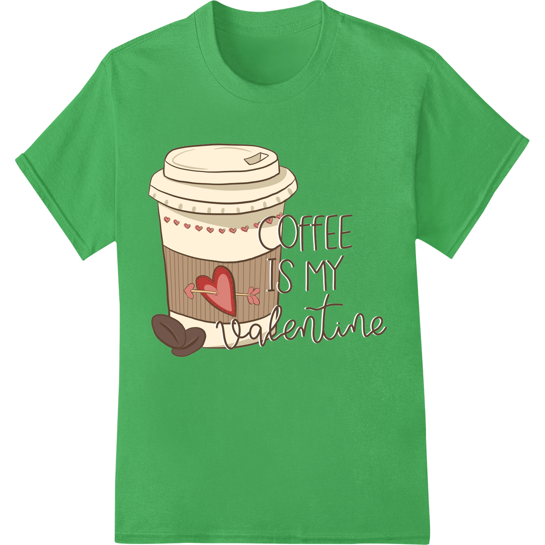 Adorable Valentine's Day Coffee Lover DTF Print Heat Transfer on green shirt - SUPERDTF-DTF Prints-DTF Transfers-Custom DTF Prints