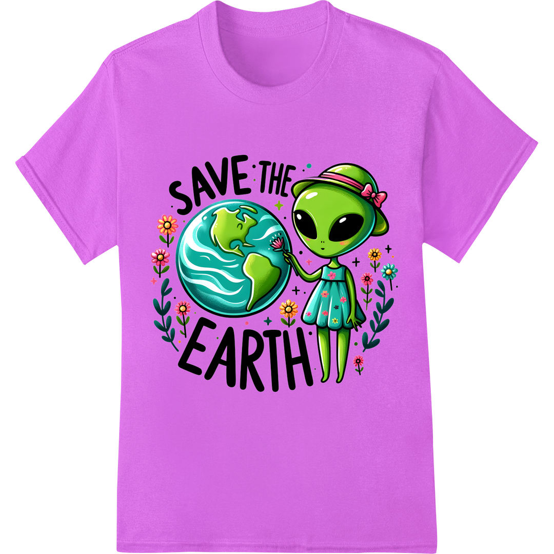 Adorable Alien 'Save the Earth' DTF Print for Eco-Style on purple shirt - SUPERDTF-DTF Prints-DTF Transfers-Custom DTF Prints