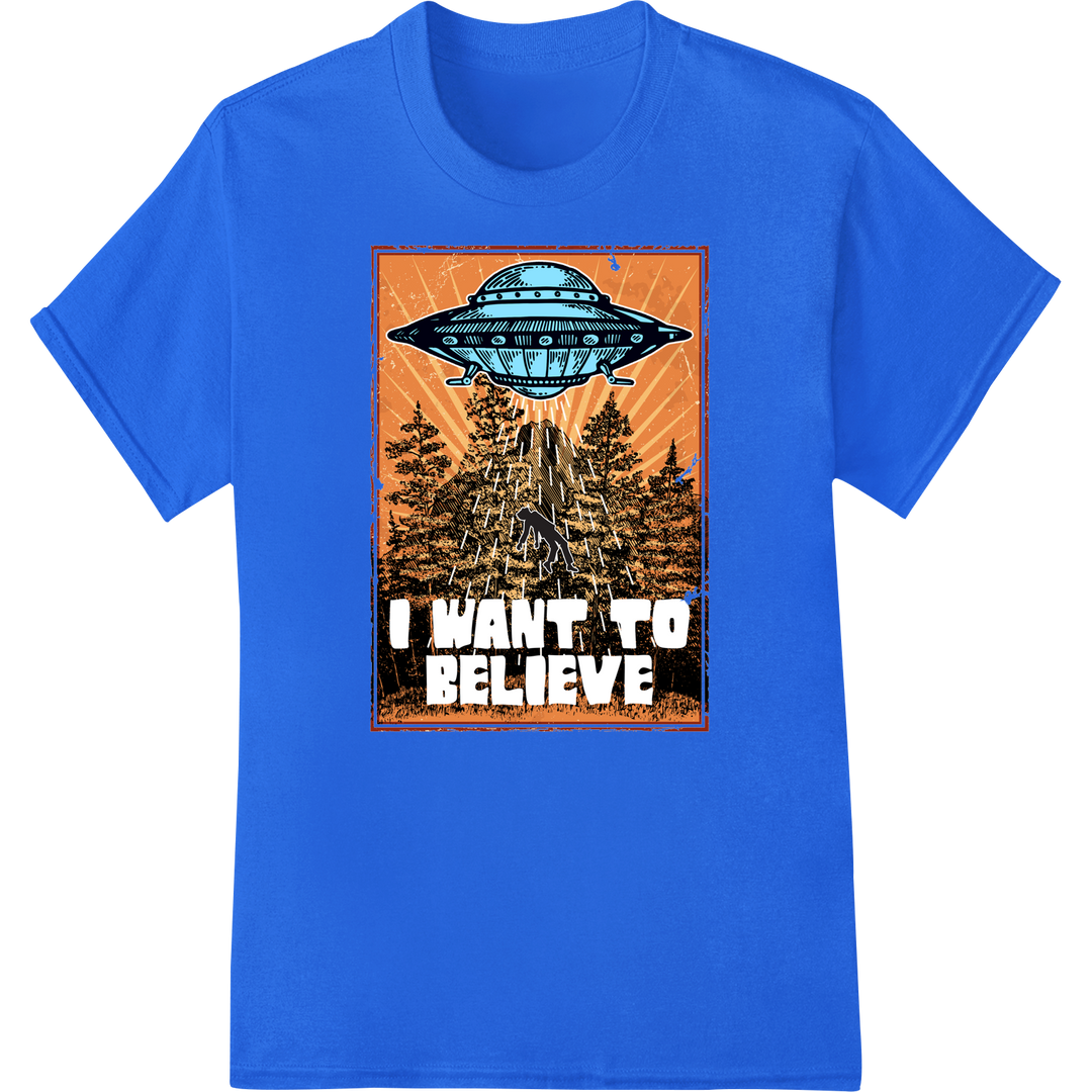 I Want To Believe UFO DTF Heat Transfer - Alien Abduction on blue shirt - SUPERDTF-DTF Prints-DTF Transfers-Custom DTF Prints