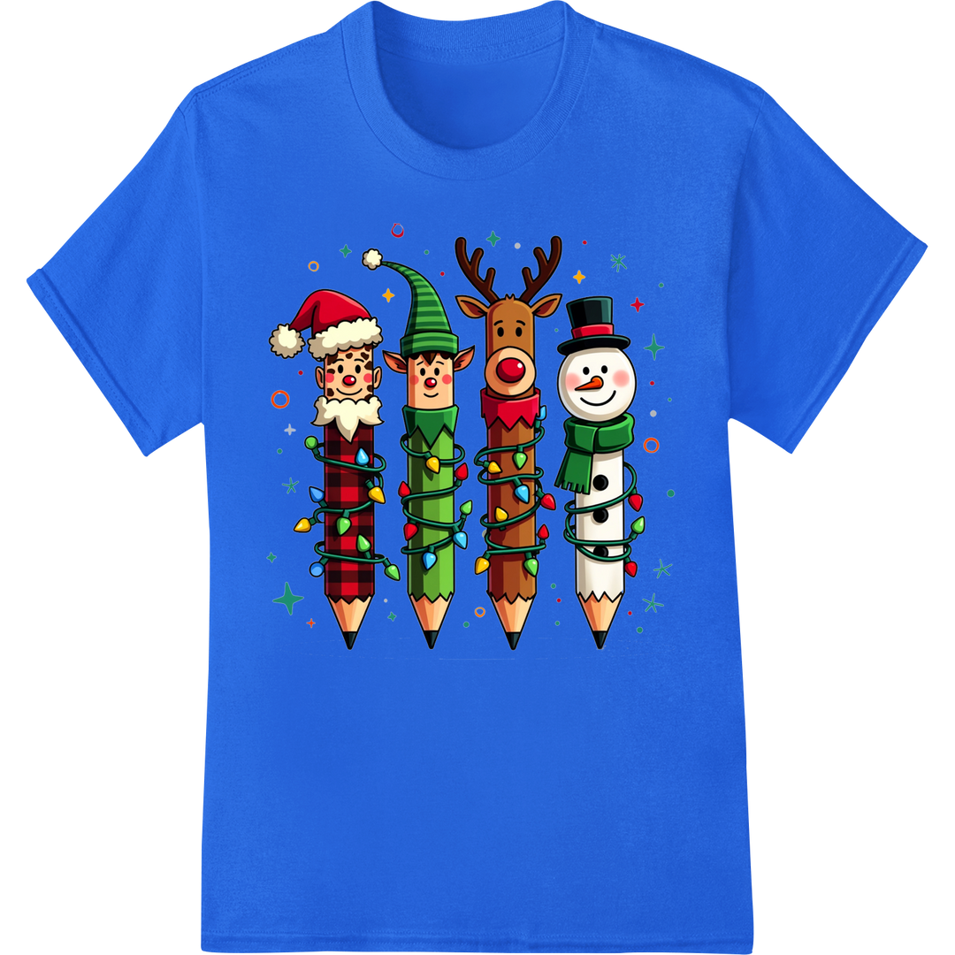 Adorable Christmas Teacher Characters DTF Print Transfer on blue shirt - SUPERDTF-DTF Prints-DTF Transfers-Custom DTF Prints