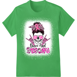 Brave & Strong: Pink Skull Breast Cancer Awareness DTF Print on green shirt - SUPERDTF-DTF Prints-DTF Transfers-Custom DTF Prints