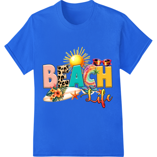 Sizzling Summer Style: 'BEACH Life' DTF Print Heat Transfer on blue shirt - SUPERDTF-DTF Prints-DTF Transfers-Custom DTF Prints