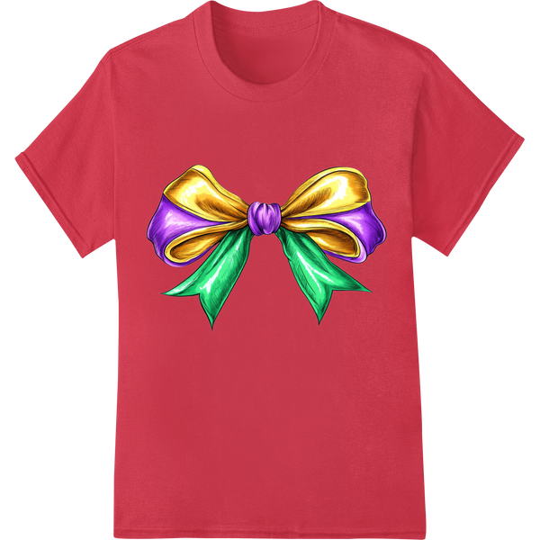 Vibrant Mardi Gras Bow Print | Festive DTF Transfer Design on red shirt - SUPERDTF-DTF Prints-DTF Transfers-Custom DTF Prints