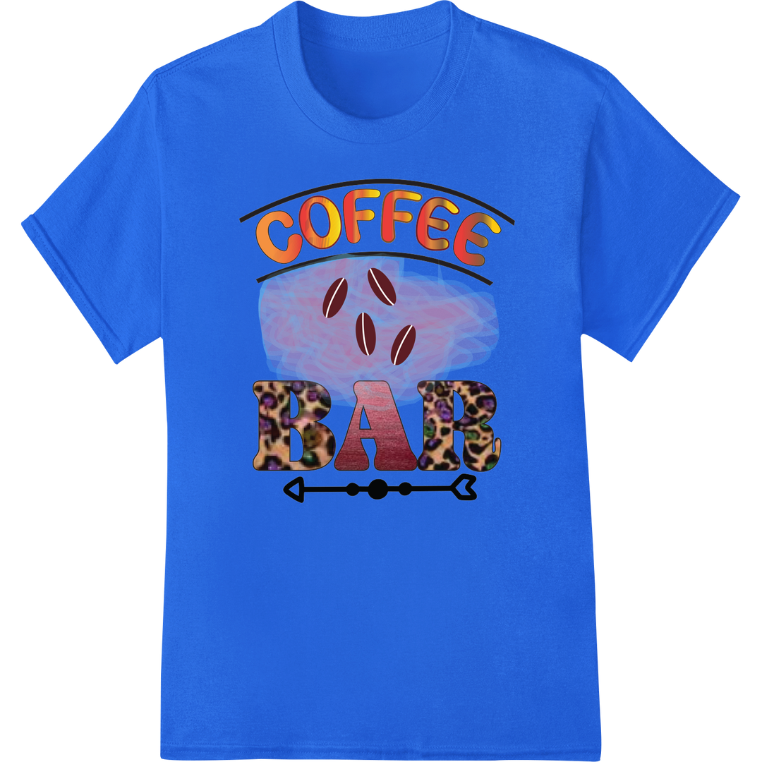 Bold 'COFFEE BAR' DTF Print Transfer | Coffee Shop Style on blue shirt - SUPERDTF-DTF Prints-DTF Transfers-Custom DTF Prints