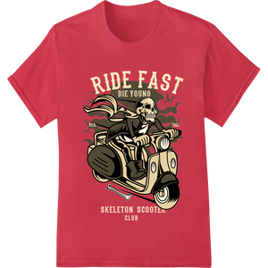 Ride Fast Die Young: Edgy Skeleton Biker DTF Print Transfer enhanced with professional DTF transfers