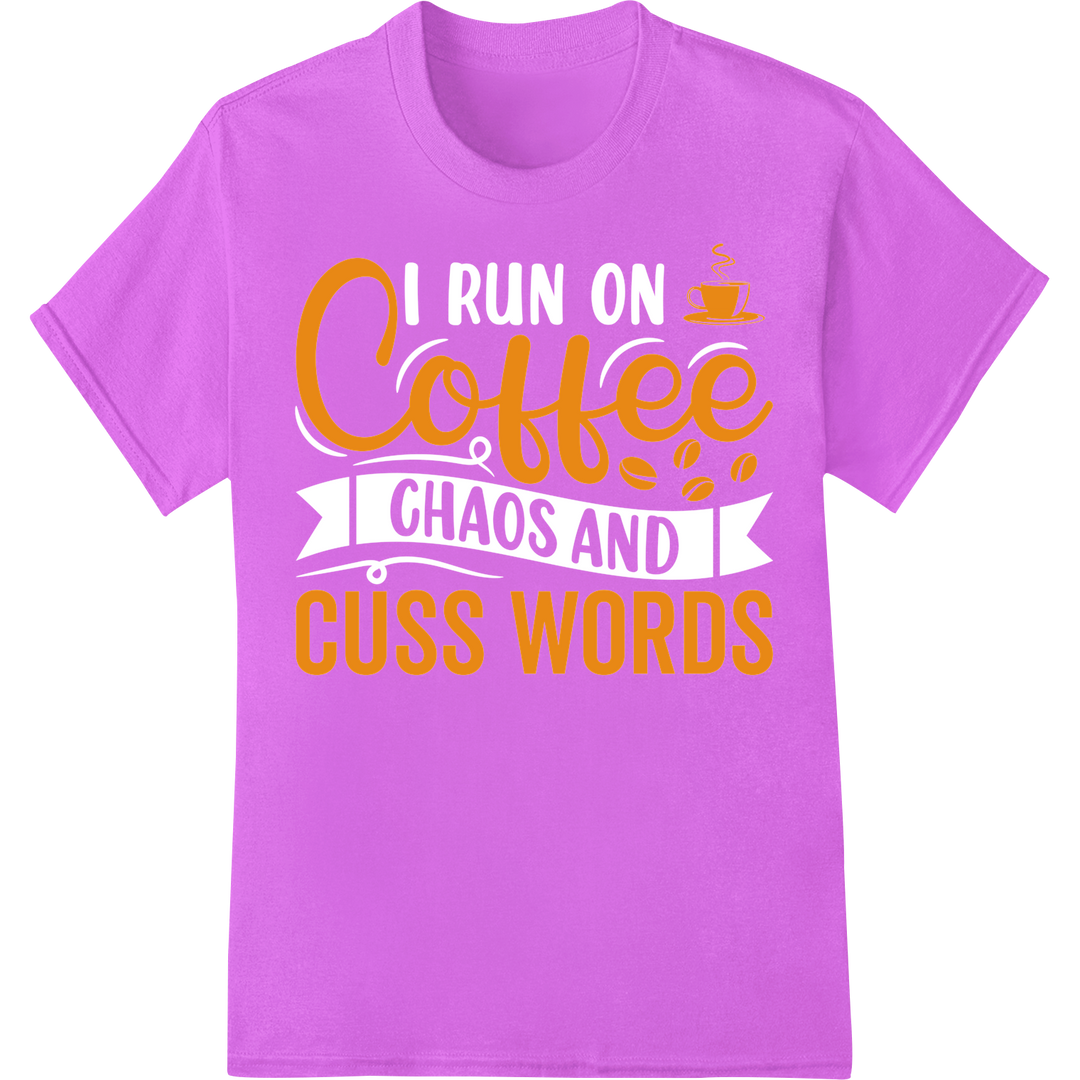 Sassy 'Coffee Cuss Words' DTF Print Heat Transfer | Bold & Witty on purple shirt - SUPERDTF-DTF Prints-DTF Transfers-Custom DTF Prints