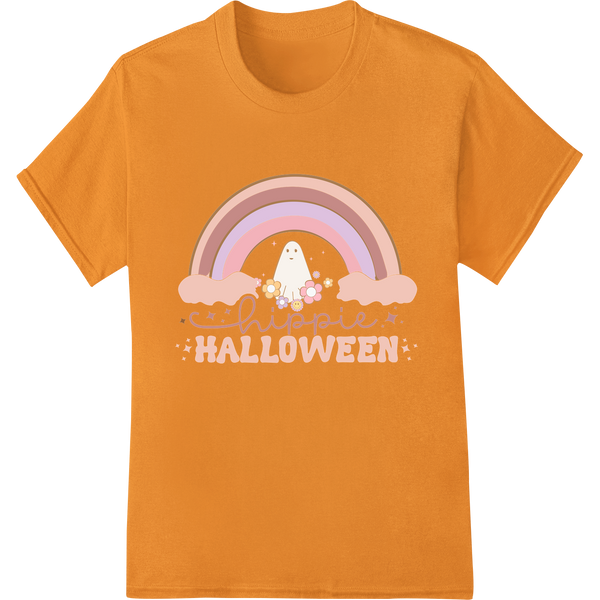 Groovy Ghost: Hippie Halloween Heat Transfer Print on orange shirt - SUPERDTF-DTF Prints-DTF Transfers-Custom DTF Prints