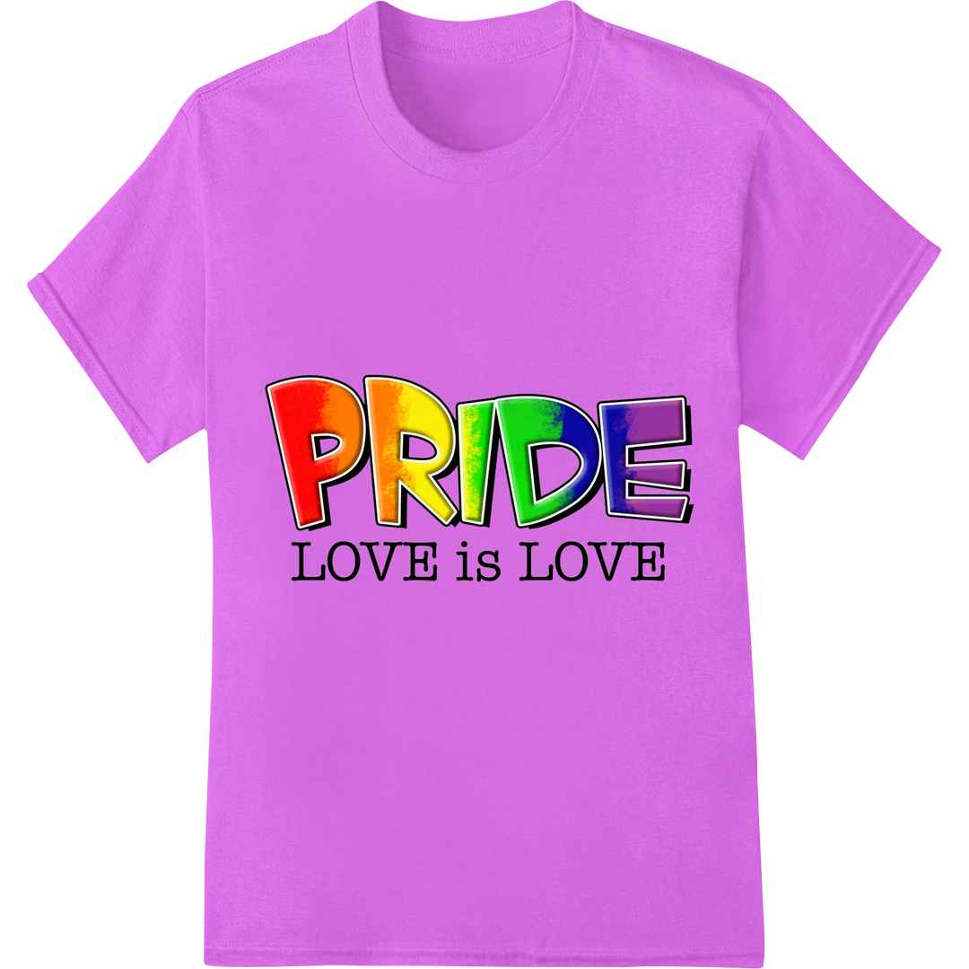 Vibrant 'PRIDE LOVE is LOVE' Rainbow DTF Print Heat Transfer on purple shirt - SUPERDTF-DTF Prints-DTF Transfers-Custom DTF Prints