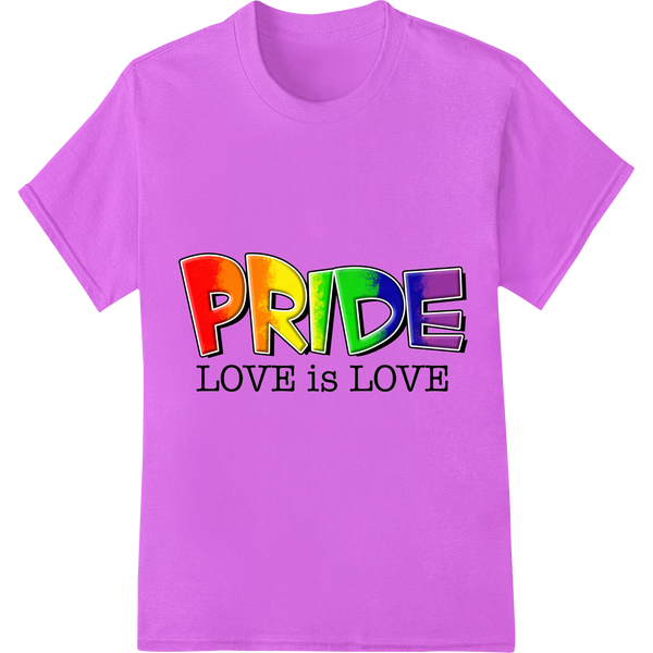 Vibrant 'PRIDE LOVE is LOVE' Rainbow DTF Print Heat Transfer on purple shirt - SUPERDTF-DTF Prints-DTF Transfers-Custom DTF Prints