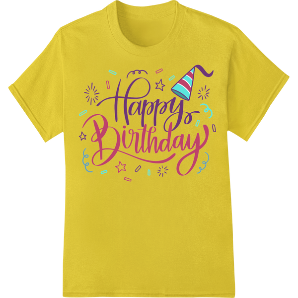 Vibrant 'Happy Birthday' Purple & Turquoise DTF Print Transfer on yellow shirt - SUPERDTF-DTF Prints-DTF Transfers-Custom DTF Prints