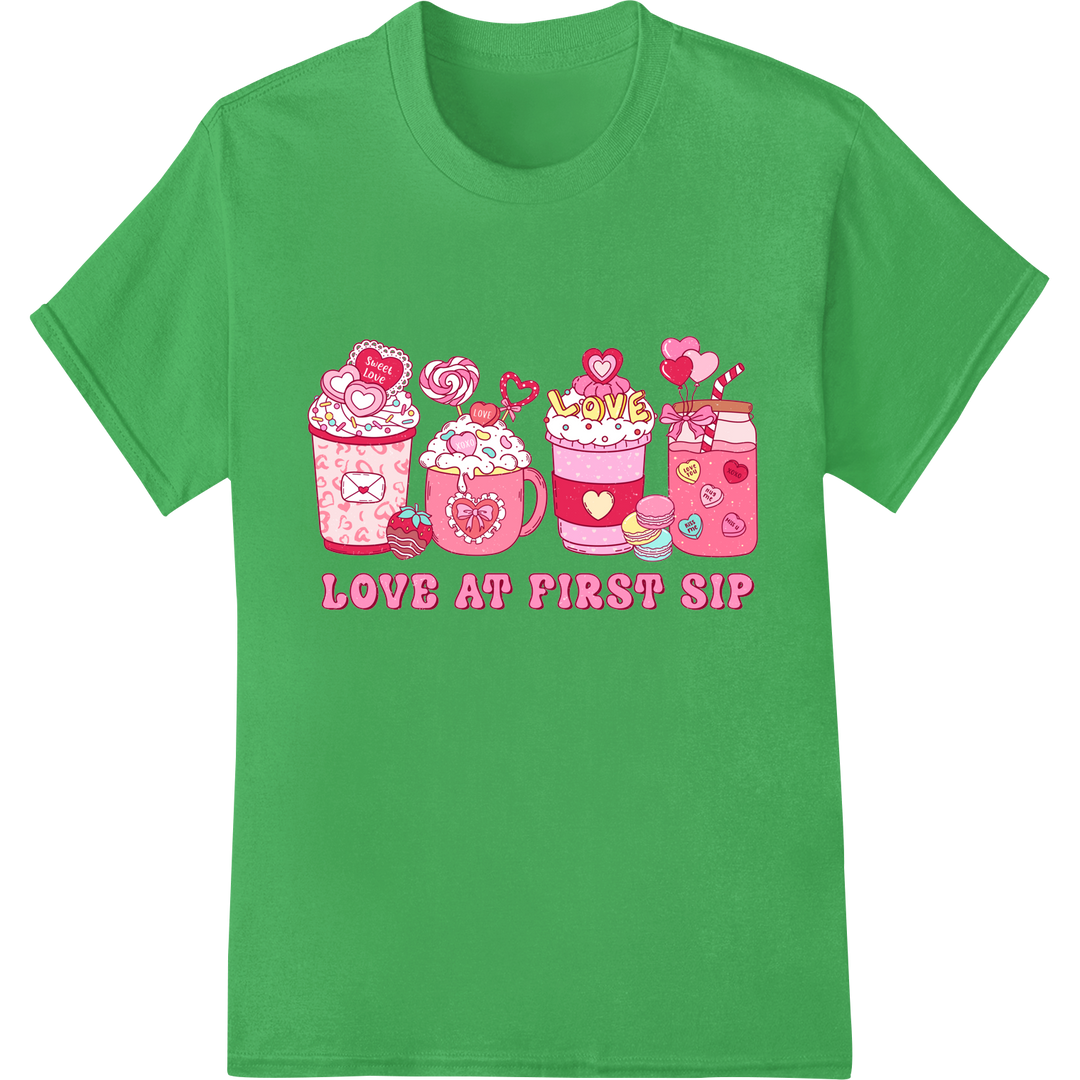 Love at First Sip - Cute Coffee Valentine's Day DTF Print on green shirt - SUPERDTF-DTF Prints-DTF Transfers-Custom DTF Prints