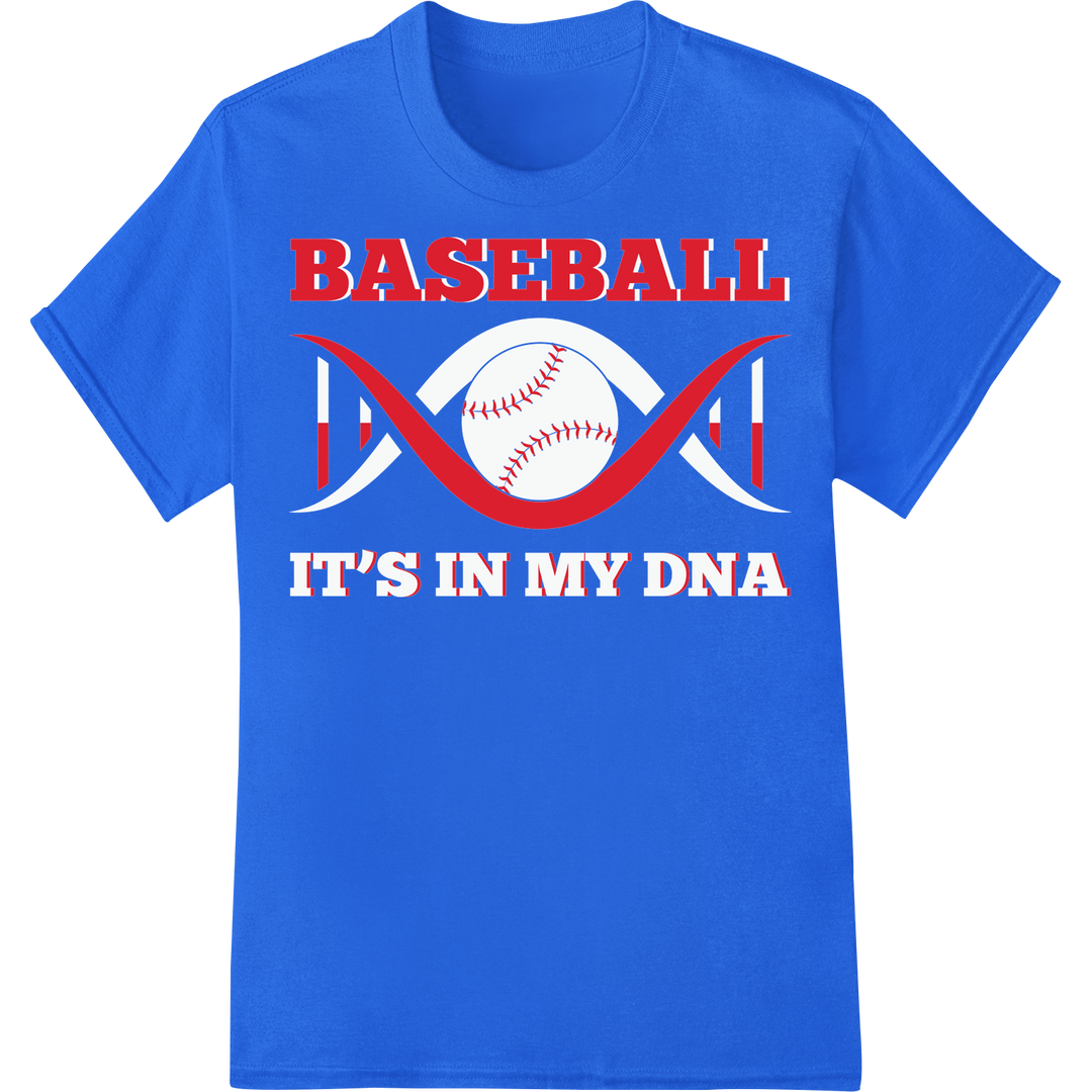 Baseball DNA: Bold DTF Print for Sports Fans & Players on blue shirt - SUPERDTF-DTF Prints-DTF Transfers-Custom DTF Prints