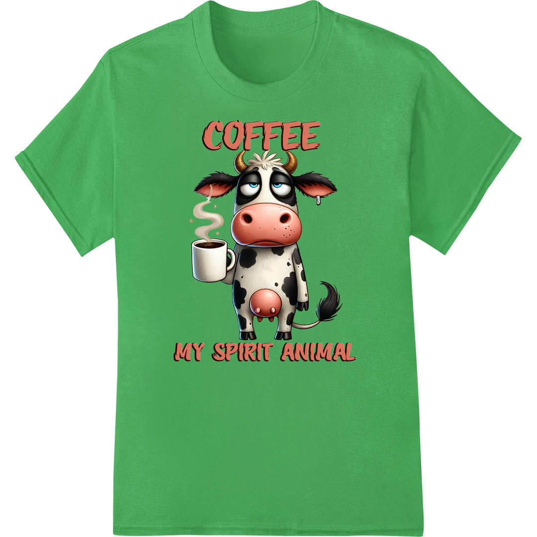 Quirky Cow Coffee Lover DTF Print Heat Transfer Design on green shirt - SUPERDTF-DTF Prints-DTF Transfers-Custom DTF Prints