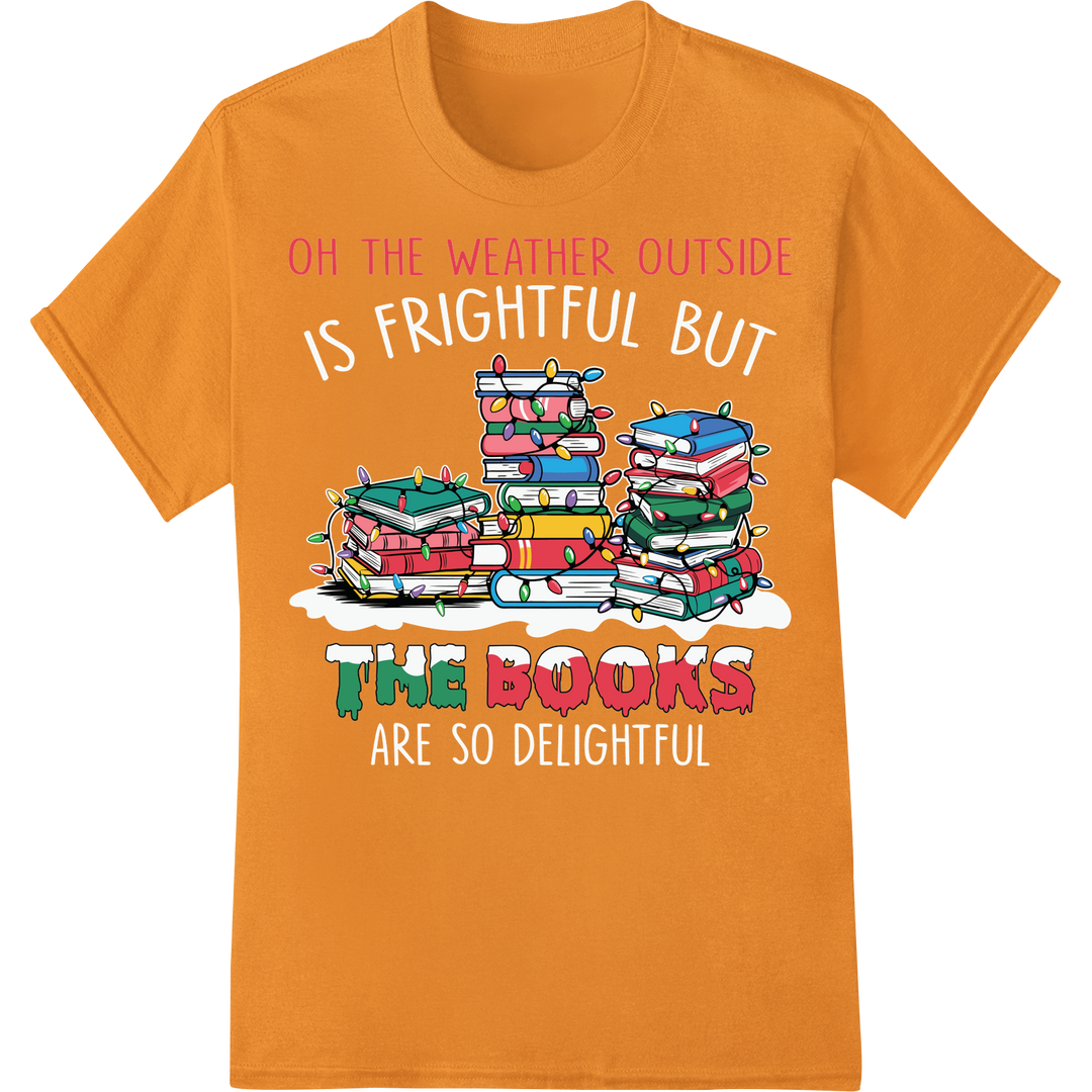 Cozy Up With Books This Christmas - Festive DTF Print on orange shirt - SUPERDTF-DTF Prints-DTF Transfers-Custom DTF Prints