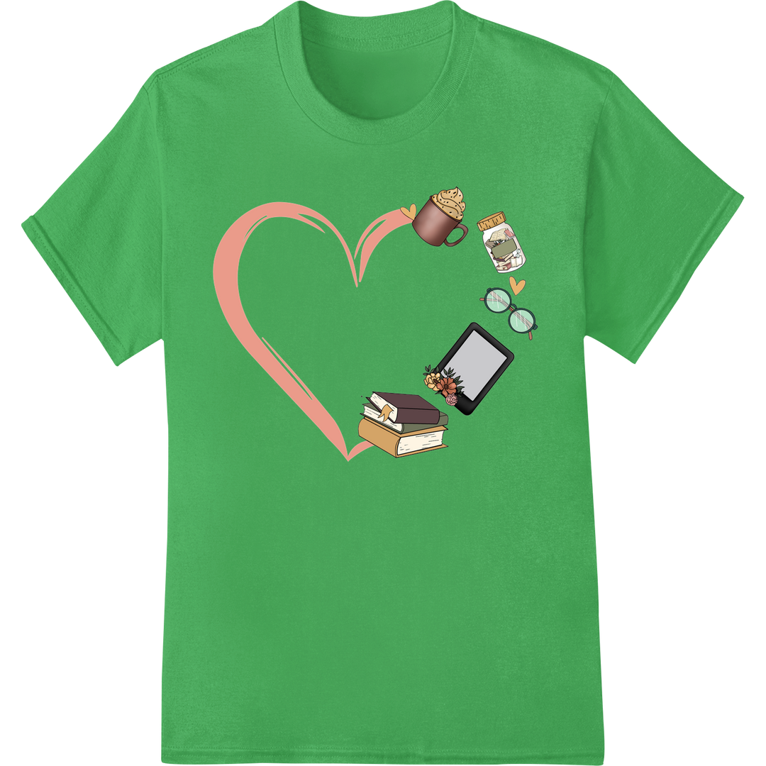 Heartwarming Books: Cozy Reading Love DTF Print Transfer on green shirt - SUPERDTF-DTF Prints-DTF Transfers-Custom DTF Prints