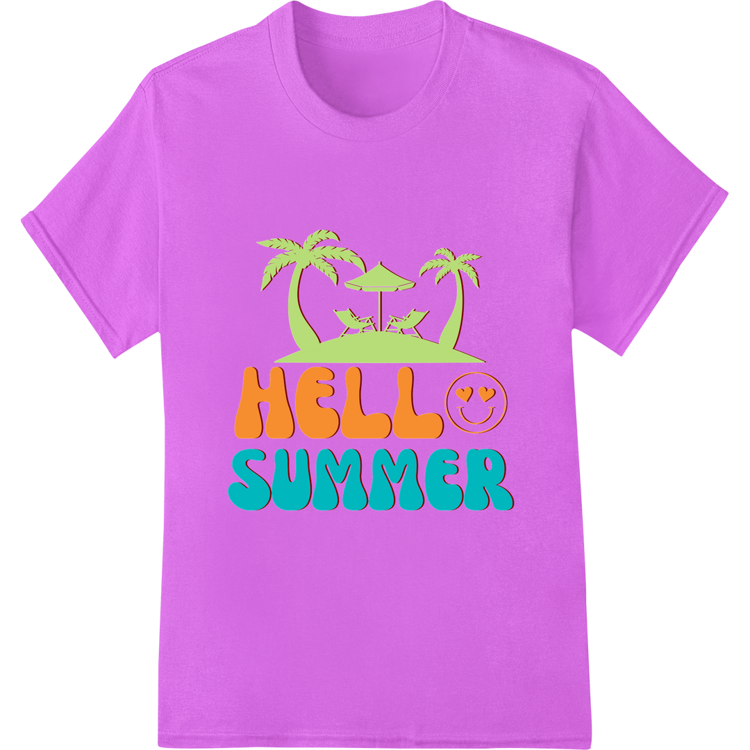 Sunny Hello Summer DTF Print Heat Transfer | Beach Style on purple shirt - SUPERDTF-DTF Prints-DTF Transfers-Custom DTF Prints