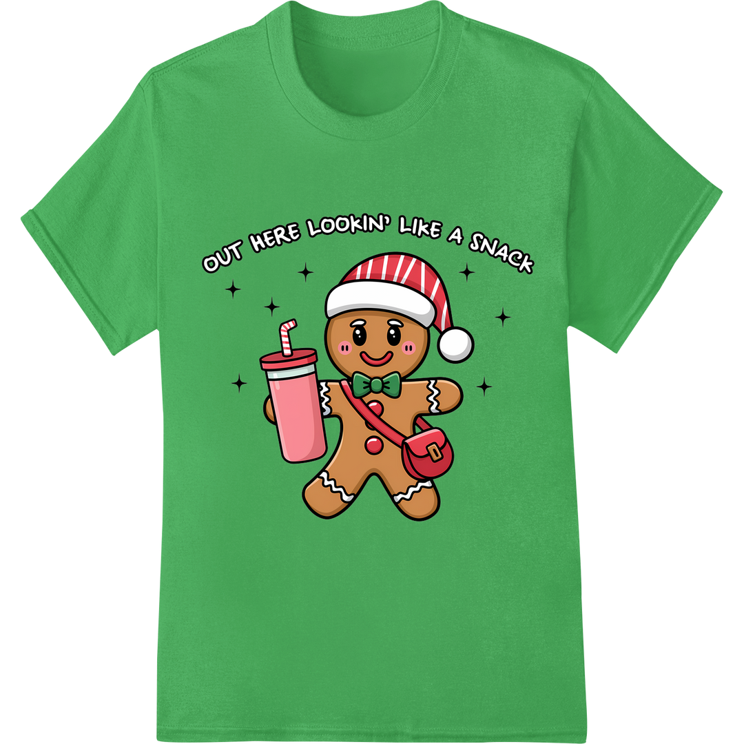 Adorable Gingerbread Man | Festive Christmas Cookie DTF Print on green shirt - SUPERDTF-DTF Prints-DTF Transfers-Custom DTF Prints